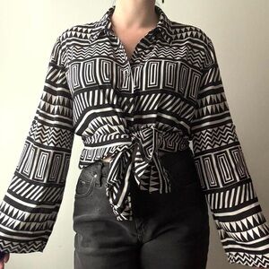 Alfani black & white abstract graphic zig zag & geometric print button up blouse